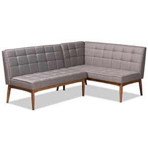 baxton studio sanford mid-century modern grey fabric upholstered and walnut brown finished wood 2-piece dining nook banquette set