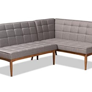 Baxton Studio Sanford Mid-Century Modern Grey Fabric Upholstered and Walnut Brown Finished Wood 2-Piece Dining Nook Banquette Set