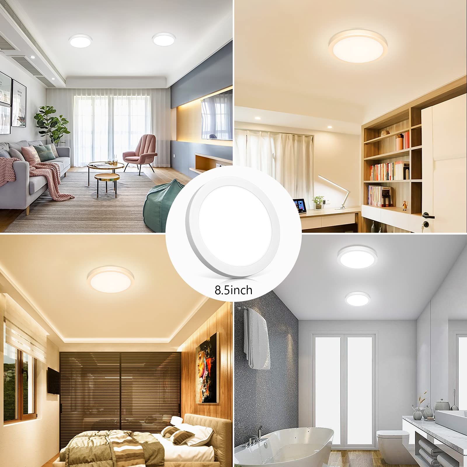 2-Pack 150W Equivalent LED Flush Mount Ceiling Light Fixture 8.5in Modern Dimmable 18W 1260LM Adjustable 3 Color Temperatures 3000K/ 4000K/ 5000K Round Close to Ceiling Light for Kitchen Hallway White