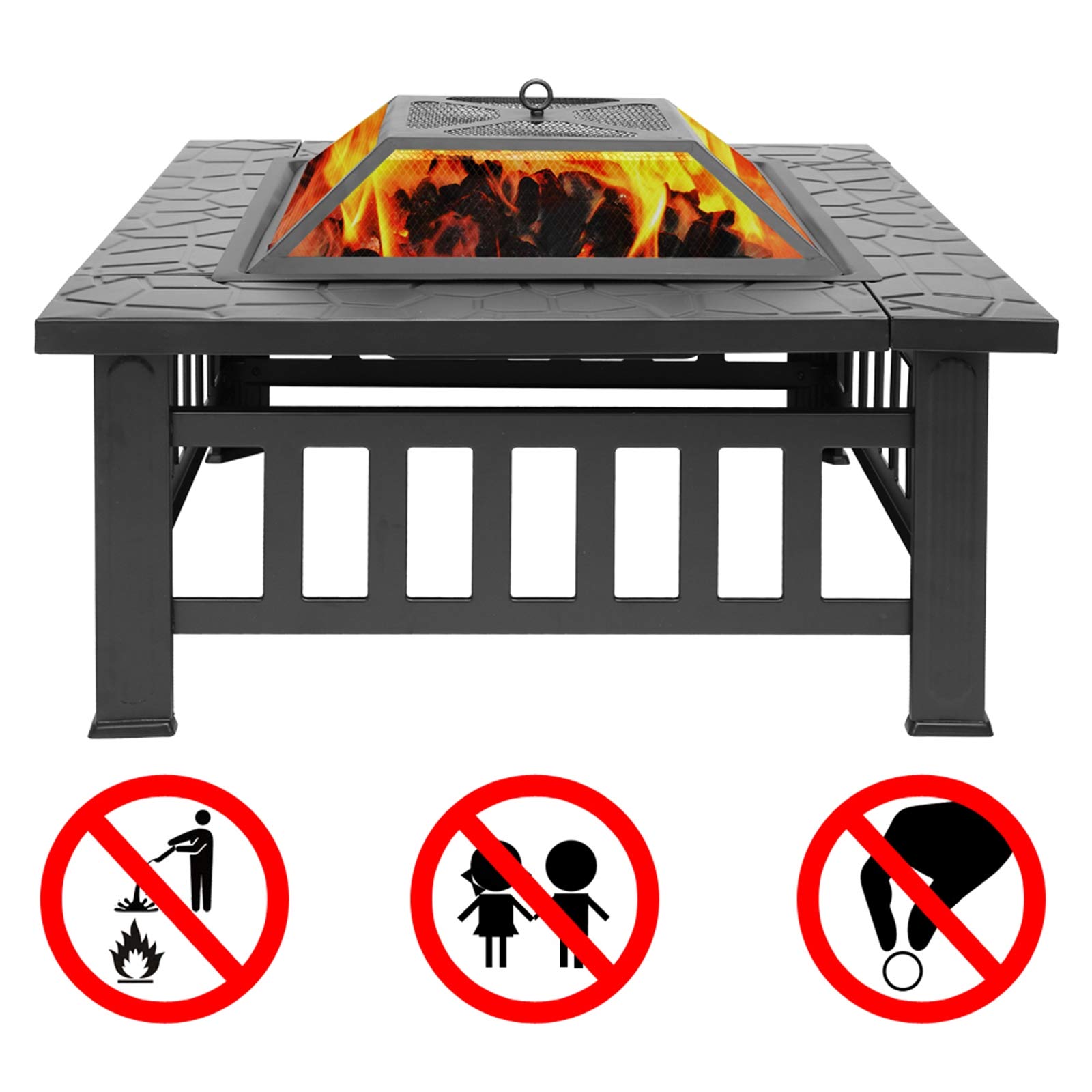 Multifunctional Fire Pit Table 32in Square Metal Firepit Stove Backyard Patio Garden Fireplace with Mesh Screen Lid, Poker,Instruction for Camping, Outdoor Heating, Bonfire and Picnic