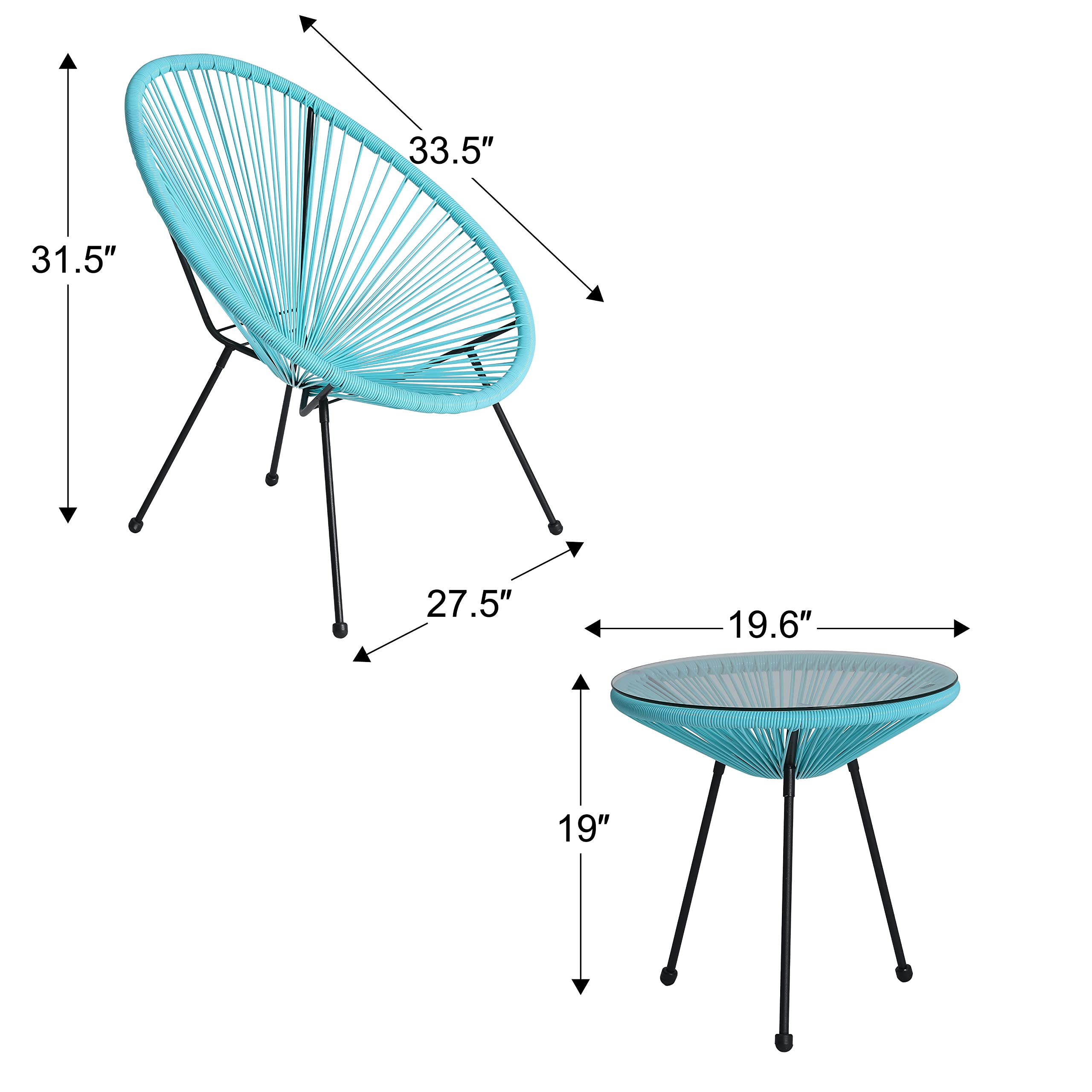 ABCCANOPY 3-Piece Patio Furniture Set,Acapulco Chair Conversation Bistro Set, Indoor&Outdoor All-Weather Patio Furniture Sets with Glass Top Table