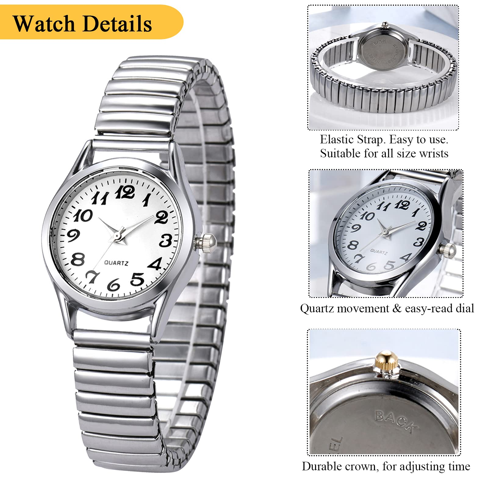 JewelryWe Women's Ultra Thin Easy Reader Watch with Elastic Strap, Golden/Silver Watch for Valentine’s Day