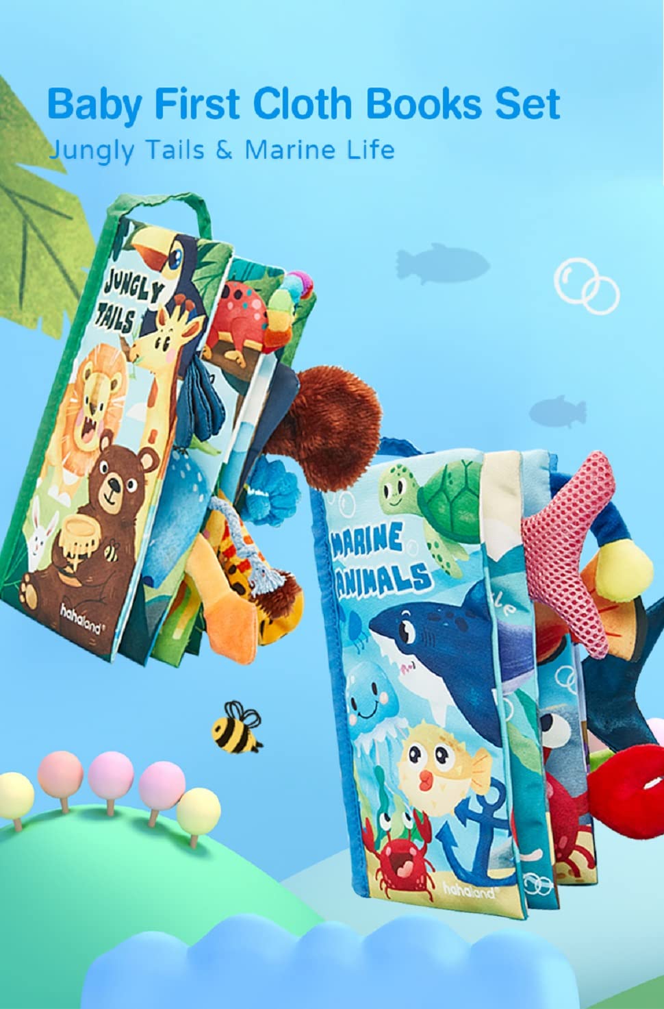 hahaland Baby Books 0-6 Months - 2PCS Baby Toys 0-6 Months Baby Toys 6-12 Months - Touch & Feel Tummy Time Books, Baby Boy Gifts, 3 6 9 Month Old Toys