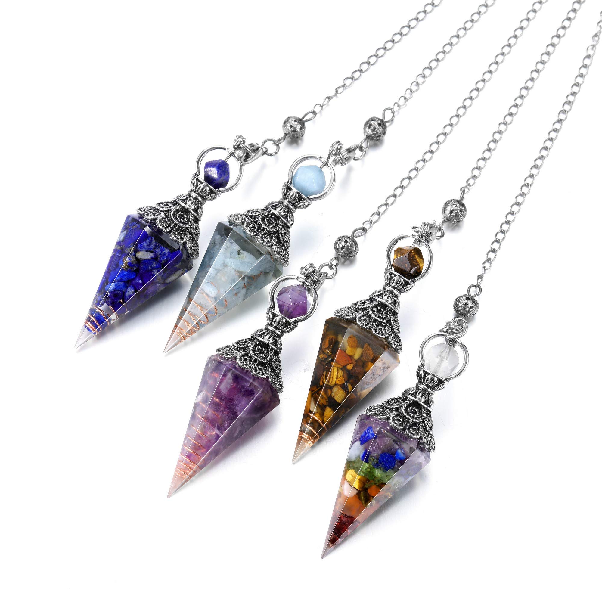 GEHECRST Natural Lapis Lazuli Healing Crystal Dowsing Pendulum Reiki Gemstone Chips Orgone Pendulum 6 Faceted Hexagonal Pointed Cone Resin Spiritual Pendant for Divination, Wicca, Energy Balancing