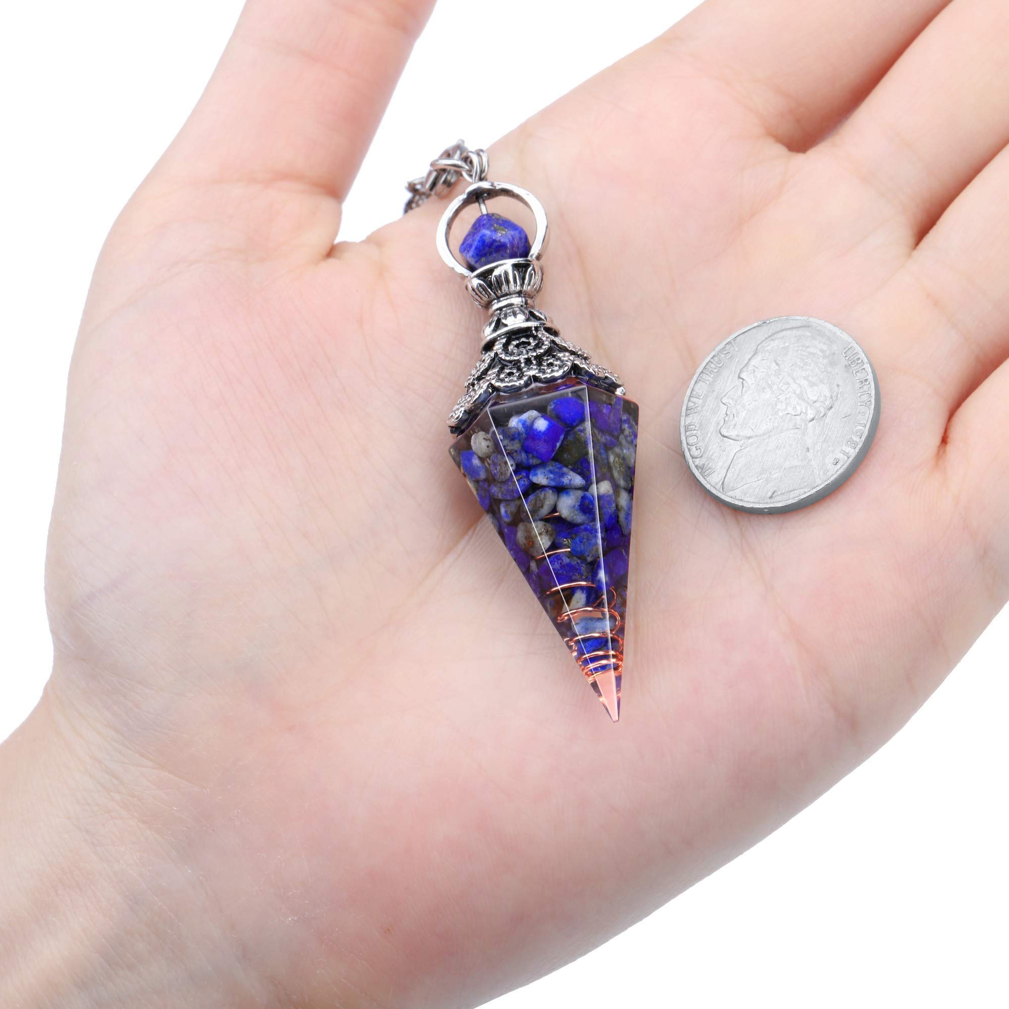 GEHECRST Natural Lapis Lazuli Healing Crystal Dowsing Pendulum Reiki Gemstone Chips Orgone Pendulum 6 Faceted Hexagonal Pointed Cone Resin Spiritual Pendant for Divination, Wicca, Energy Balancing