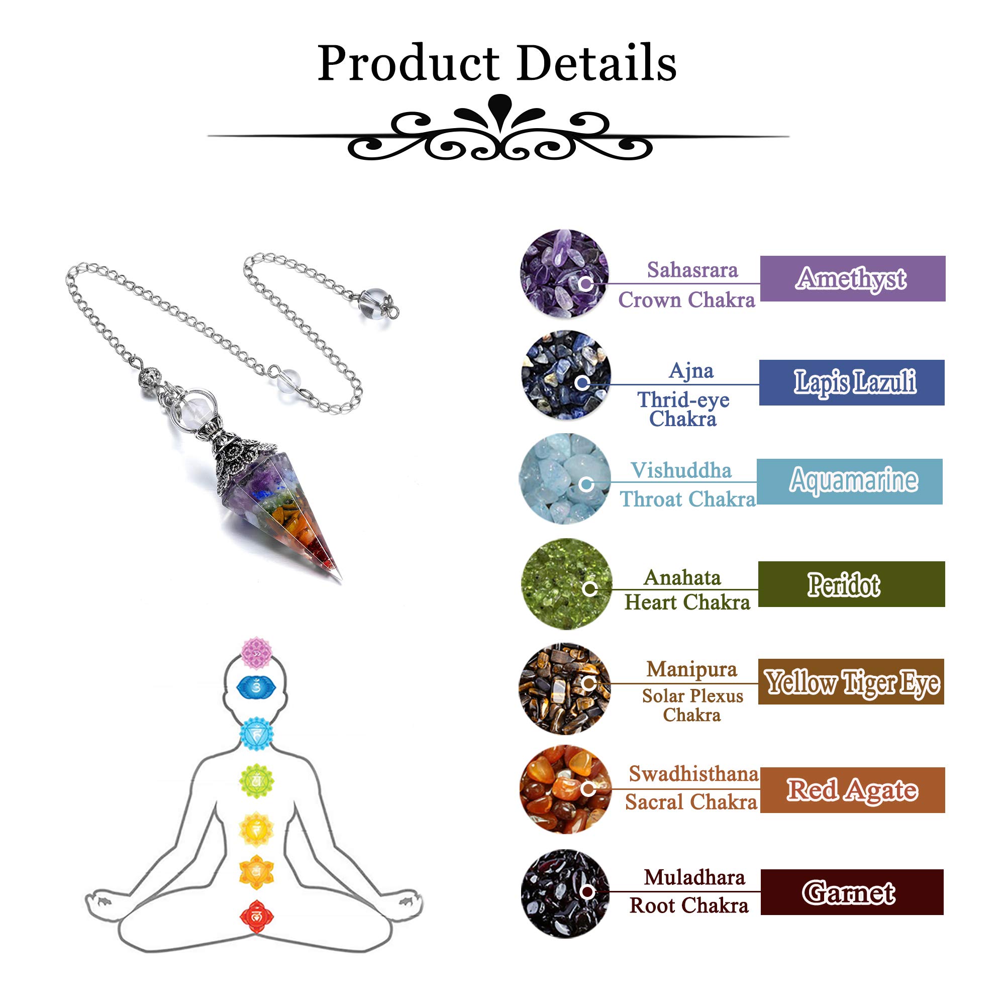 GEHECRST Natural 7 Chakra Healing Crystal Dowsing Pendulum Reiki Gemstone Chips Orgone Pendulum 6 Faceted Hexagonal Pointed Cone Resin Spiritual Pendant for Divination, Wicca, Energy Balancing