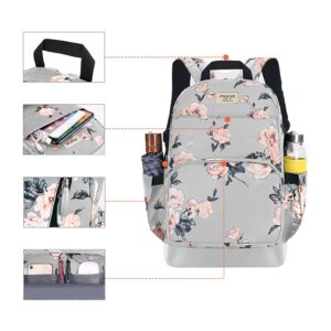 MOSISO 15.6-16 inch Laptop Backpack for Women, Polyester Anti-Theft Stylish Casual Daypack Bag with Luggage Strap & USB Charging Port, Camellia Travel Backpack, Grey