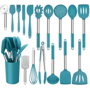 homikit 17 pieces silicone kitchen utensils with holder, blue cooking utensils sets stainless steel handle, nonstick kitchen tools include spatula spoons turner pizza cutter, heat resistant