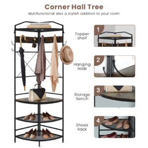 Recaceik Corner Hall Tree Coat Rack with 6 Double Hooks, Wood Home Organizer Shoe Bench Shelf for Entryway, Hallway, Closet, Rustic Brown