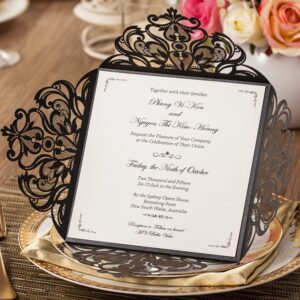 hosmsua 6.3 x 6.3 inch 50pcs black laser cut hollow lace rose invitation cards with envelopes wedding invitations for engagement wedding invite (black, 50pcs blank)