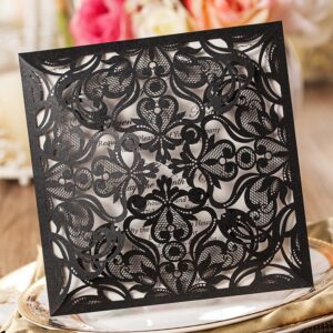 Hosmsua 6.3 x 6.3 Inch 50PCS Black Laser Cut Hollow Lace Rose Invitation Cards with Envelopes Wedding Invitations for Engagement Wedding Invite (Black, 50PCS Blank)