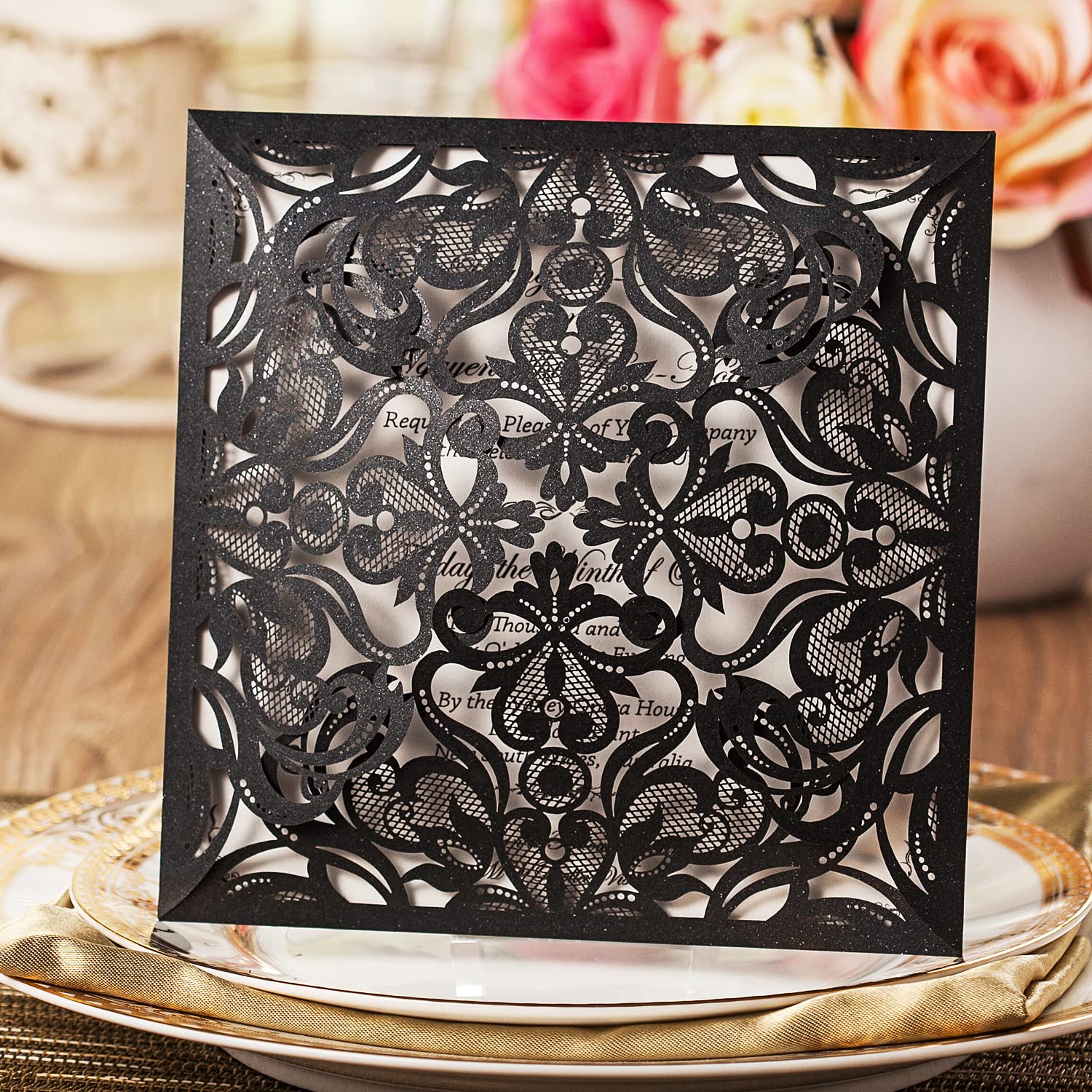 Hosmsua 6.3 x 6.3 Inch 50PCS Black Laser Cut Hollow Lace Rose Invitation Cards with Envelopes Wedding Invitations for Engagement Wedding Invite (Black, 50PCS Blank)