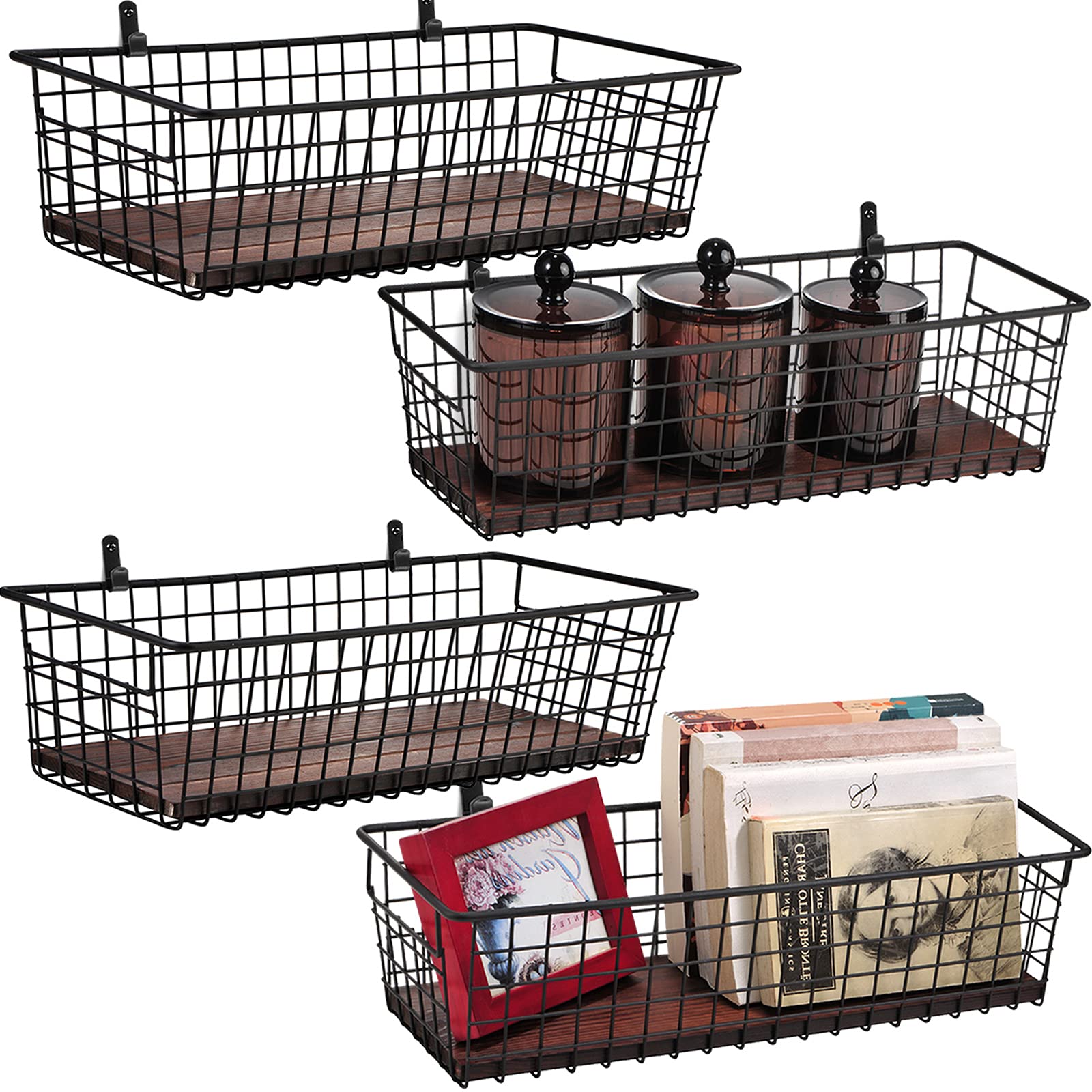 4 Set [Extra Large] Portable Metal Farmhouse Wall Decor Storage Organizer Basket Bin with Handles and Floating Shelves for Hanging in Entryway,Bathroom,Kitchen-Wall Mount Hooks Included (4, Black)