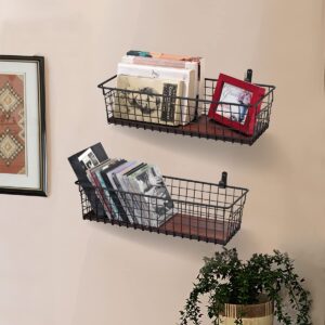 4 Set [Extra Large] Portable Metal Farmhouse Wall Decor Storage Organizer Basket Bin with Handles and Floating Shelves for Hanging in Entryway,Bathroom,Kitchen-Wall Mount Hooks Included (4, Black)