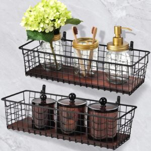 4 Set [Extra Large] Portable Metal Farmhouse Wall Decor Storage Organizer Basket Bin with Handles and Floating Shelves for Hanging in Entryway,Bathroom,Kitchen-Wall Mount Hooks Included (4, Black)