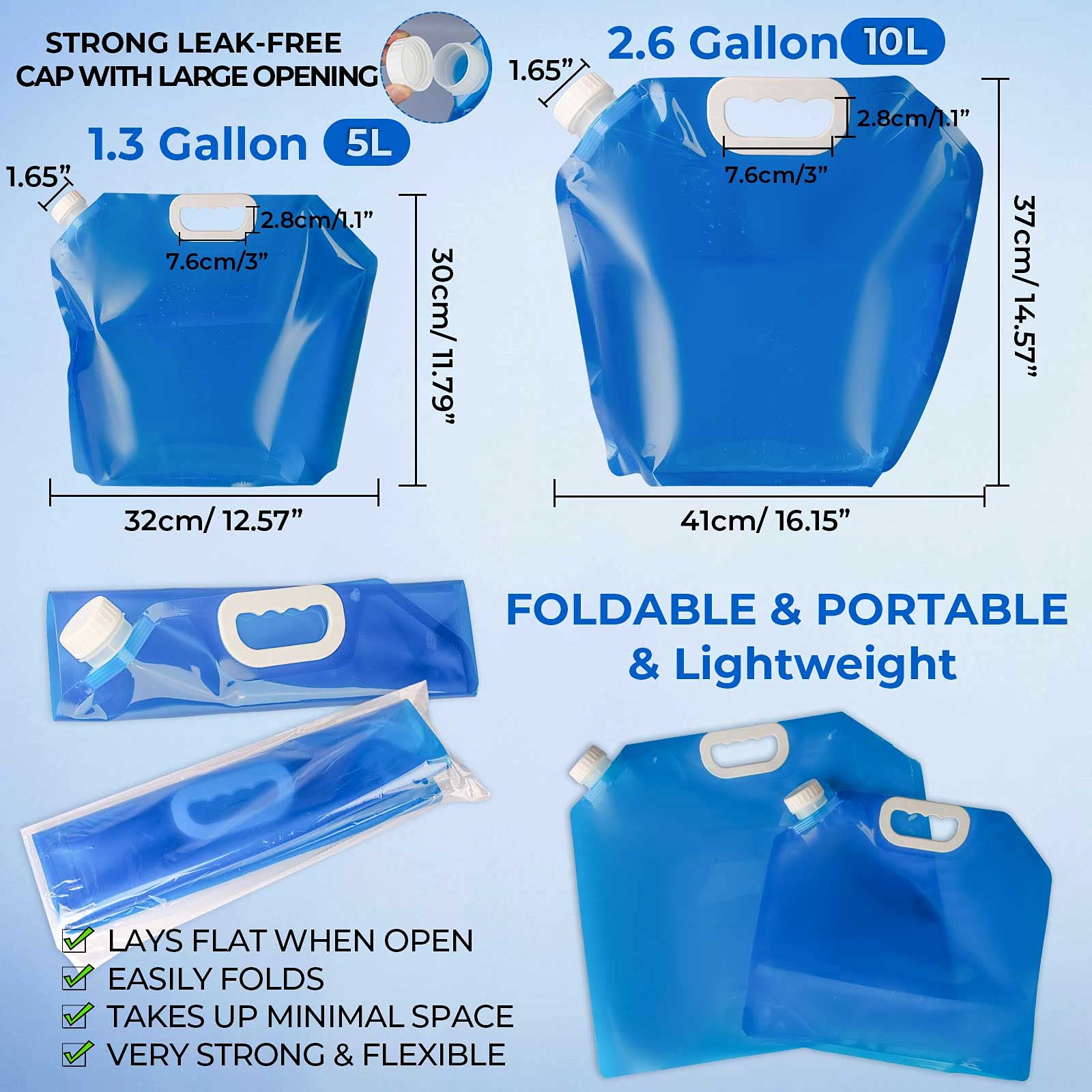 Hakkin Collapsible Water Container Bag 4 Pcs 10L/(2.6 Gallon), No-Leak Freezable Portable BPA Free Food Grade Plastic Storage Jug for Camping, Hiking, Travel, Emergency Survival Kit Bonus 2 Pcs Caps