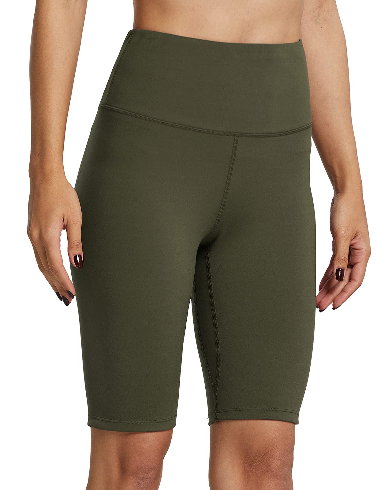 ZUTY 10"/ 5" Biker Shorts Women High Waisted with 2 Hidden Pockets Workout Athletic Running Yoga Long Shorts Army Green M