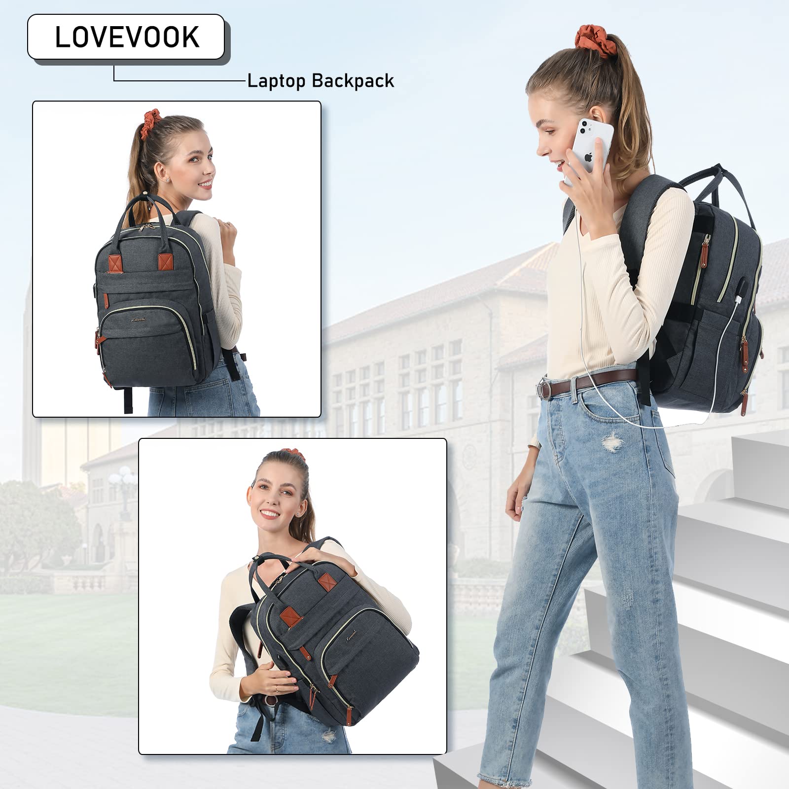 LOVEVOOK Laptop Backpack for Women, Unisex Travel Anti-theft Bag, Business Work Computer Backpacks Purse for Men, Casual Hiking College Daypack with Lock, 15.6 Inch, Dark Grey