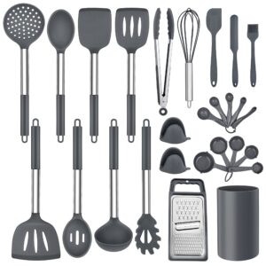 lianyu 27 pcs cooking kitchen utensils set with holder, silicone kitchen utensils spatula set with stainless steel handle, kitchen cooking gadgets tools for nonstick cookware set, heat resistant, gray
