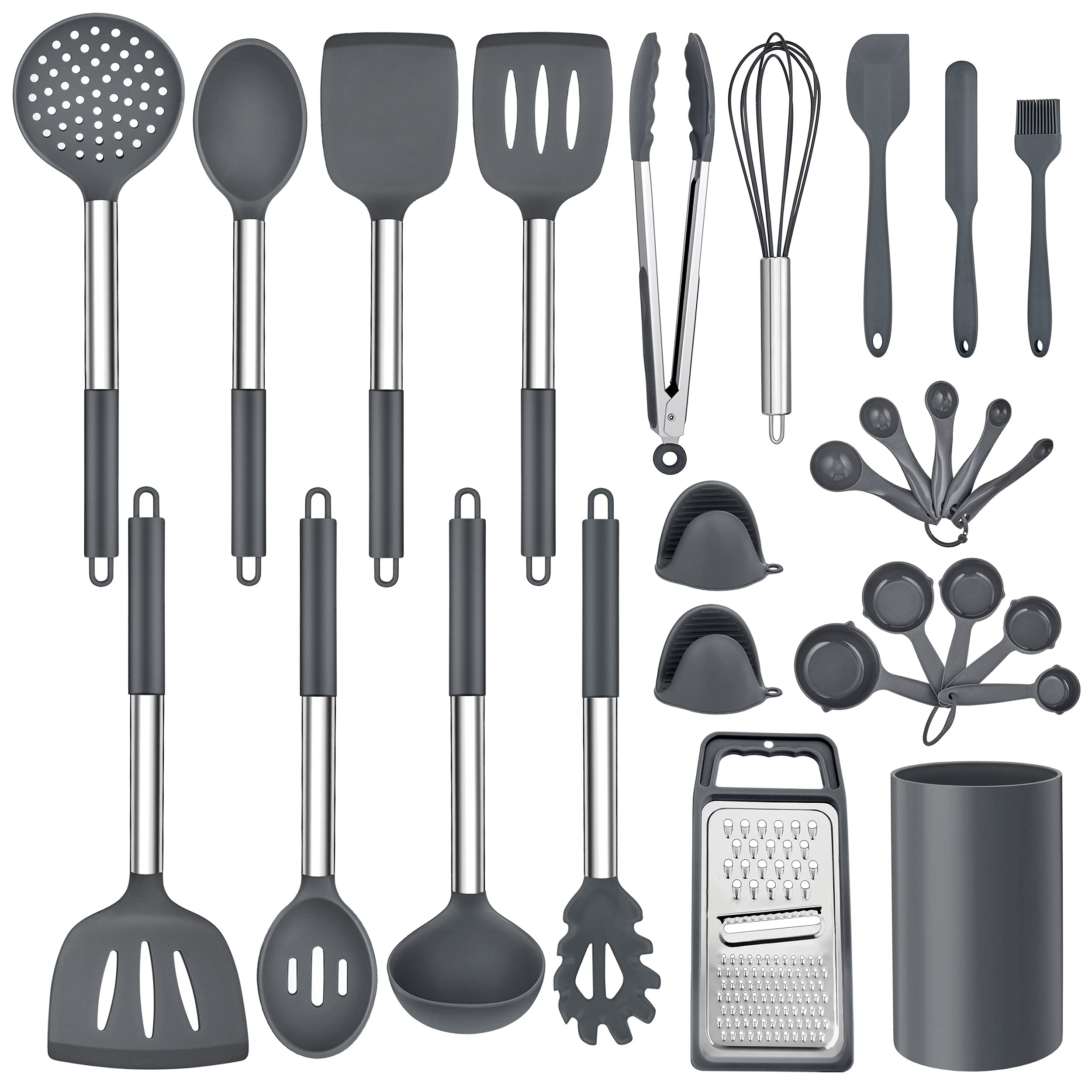 LIANYU 27 PCS Cooking Kitchen Utensils Set with Holder, Silicone Kitchen Utensils Spatula Set with Stainless Steel Handle, Kitchen Cooking Gadgets Tools for Nonstick Cookware Set, Heat Resistant, Gray