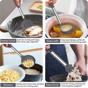 LIANYU 27 PCS Cooking Kitchen Utensils Set with Holder, Silicone Kitchen Utensils Spatula Set with Stainless Steel Handle, Kitchen Cooking Gadgets Tools for Nonstick Cookware Set, Heat Resistant, Gray