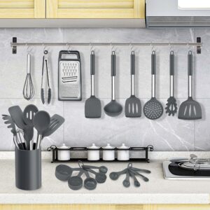 LIANYU 27 PCS Cooking Kitchen Utensils Set with Holder, Silicone Kitchen Utensils Spatula Set with Stainless Steel Handle, Kitchen Cooking Gadgets Tools for Nonstick Cookware Set, Heat Resistant, Gray