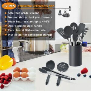 LIANYU 27 PCS Cooking Kitchen Utensils Set with Holder, Silicone Kitchen Utensils Spatula Set with Stainless Steel Handle, Kitchen Cooking Gadgets Tools for Nonstick Cookware Set, Heat Resistant, Gray