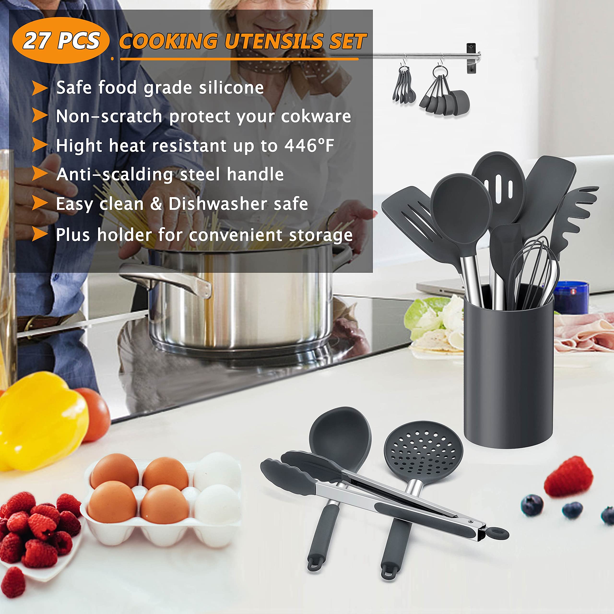 LIANYU 27 PCS Cooking Kitchen Utensils Set with Holder, Silicone Kitchen Utensils Spatula Set with Stainless Steel Handle, Kitchen Cooking Gadgets Tools for Nonstick Cookware Set, Heat Resistant, Gray