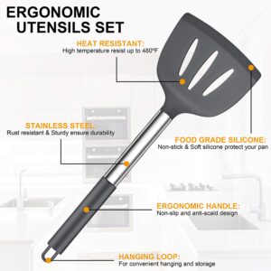 LIANYU 27 PCS Cooking Kitchen Utensils Set with Holder, Silicone Kitchen Utensils Spatula Set with Stainless Steel Handle, Kitchen Cooking Gadgets Tools for Nonstick Cookware Set, Heat Resistant, Gray