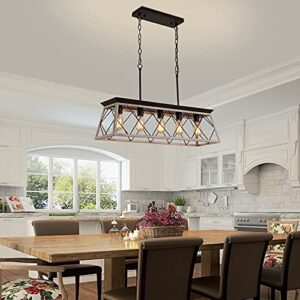 Q&S Dining Room Chandelier Light Fixtures,Farmhouse Rustic Vintage Antique Linear Chandeliers Pendant Ceiling Light Fixture for Kitchen Island Bar Office Coffee Shop 5-lights OAK and ORB UL Listed