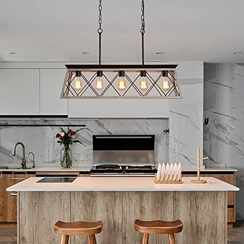 Q&S Dining Room Chandelier Light Fixtures,Farmhouse Rustic Vintage Antique Linear Chandeliers Pendant Ceiling Light Fixture for Kitchen Island Bar Office Coffee Shop 5-lights OAK and ORB UL Listed