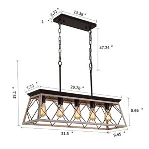 Q&S Dining Room Chandelier Light Fixtures,Farmhouse Rustic Vintage Antique Linear Chandeliers Pendant Ceiling Light Fixture for Kitchen Island Bar Office Coffee Shop 5-lights OAK and ORB UL Listed