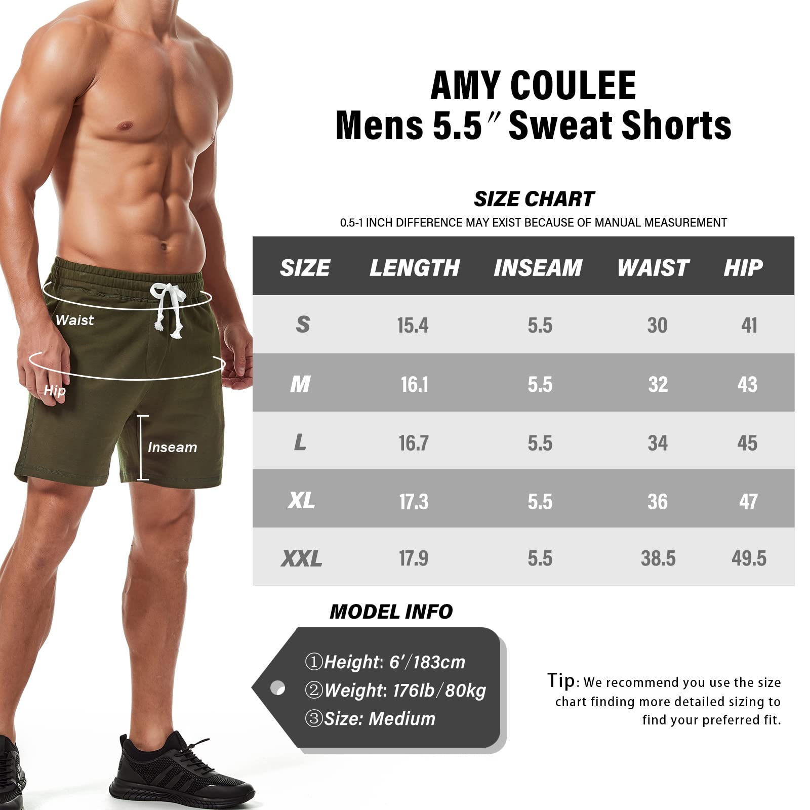 AMY COULEE Mens Athletic Workout Shorts 5.5" Cotton Casual Shorts Elastic Waist Joggers Sports Sweat Shorts (Army Green, M)