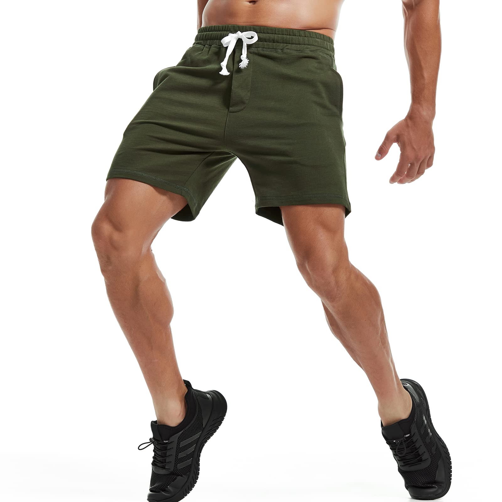 AMY COULEE Mens Athletic Workout Shorts 5.5" Cotton Casual Shorts Elastic Waist Joggers Sports Sweat Shorts (Army Green, M)