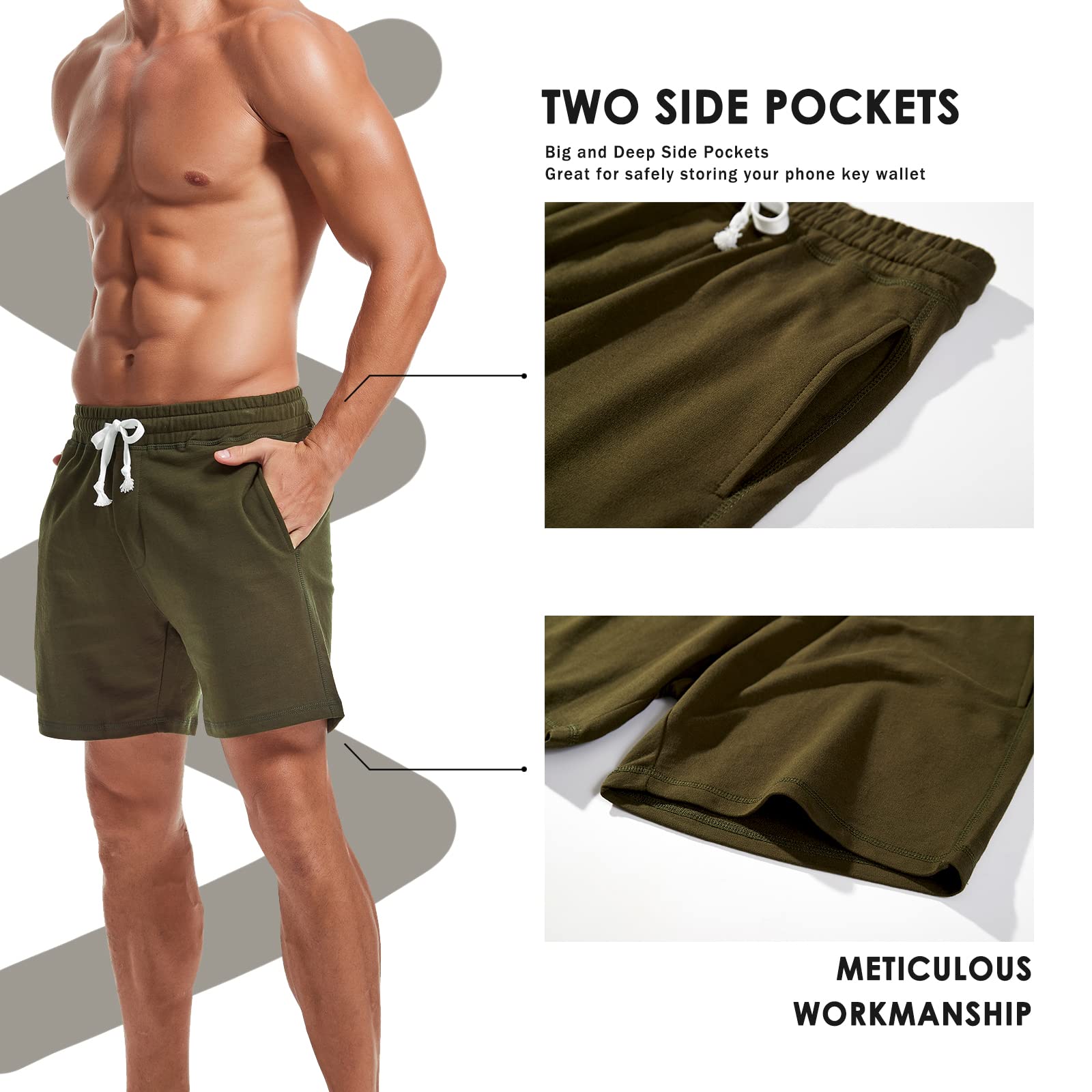 AMY COULEE Mens Athletic Workout Shorts 5.5" Cotton Casual Shorts Elastic Waist Joggers Sports Sweat Shorts (Army Green, M)