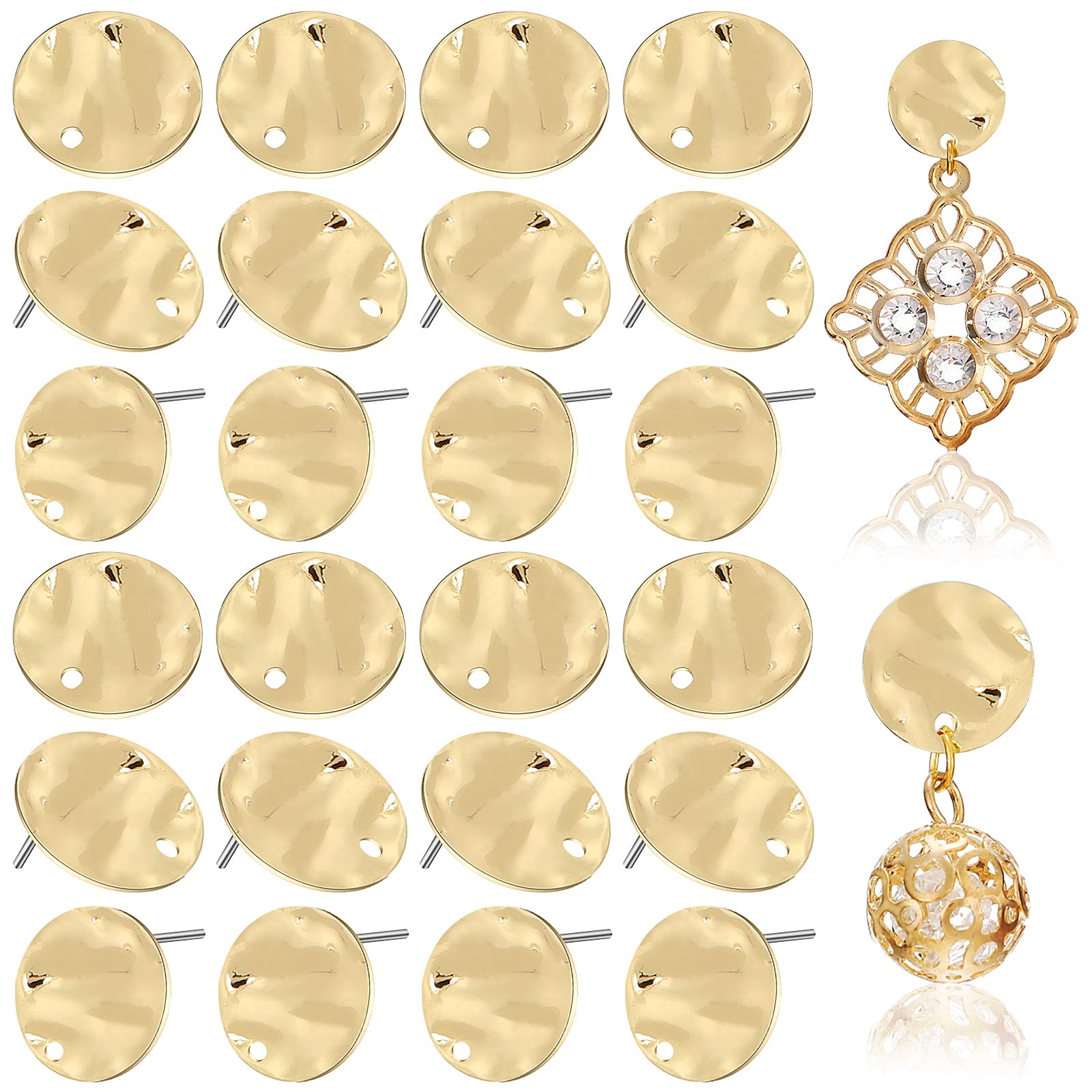 50 Pieces Flat Round Ear Studs Earring Posts with Loop Hole Coin Jewelry 13.0 mm Gold Plated Disc Charms Earring for DIY Earrings Craft Making Supplies for Women Girls (KC Gold)