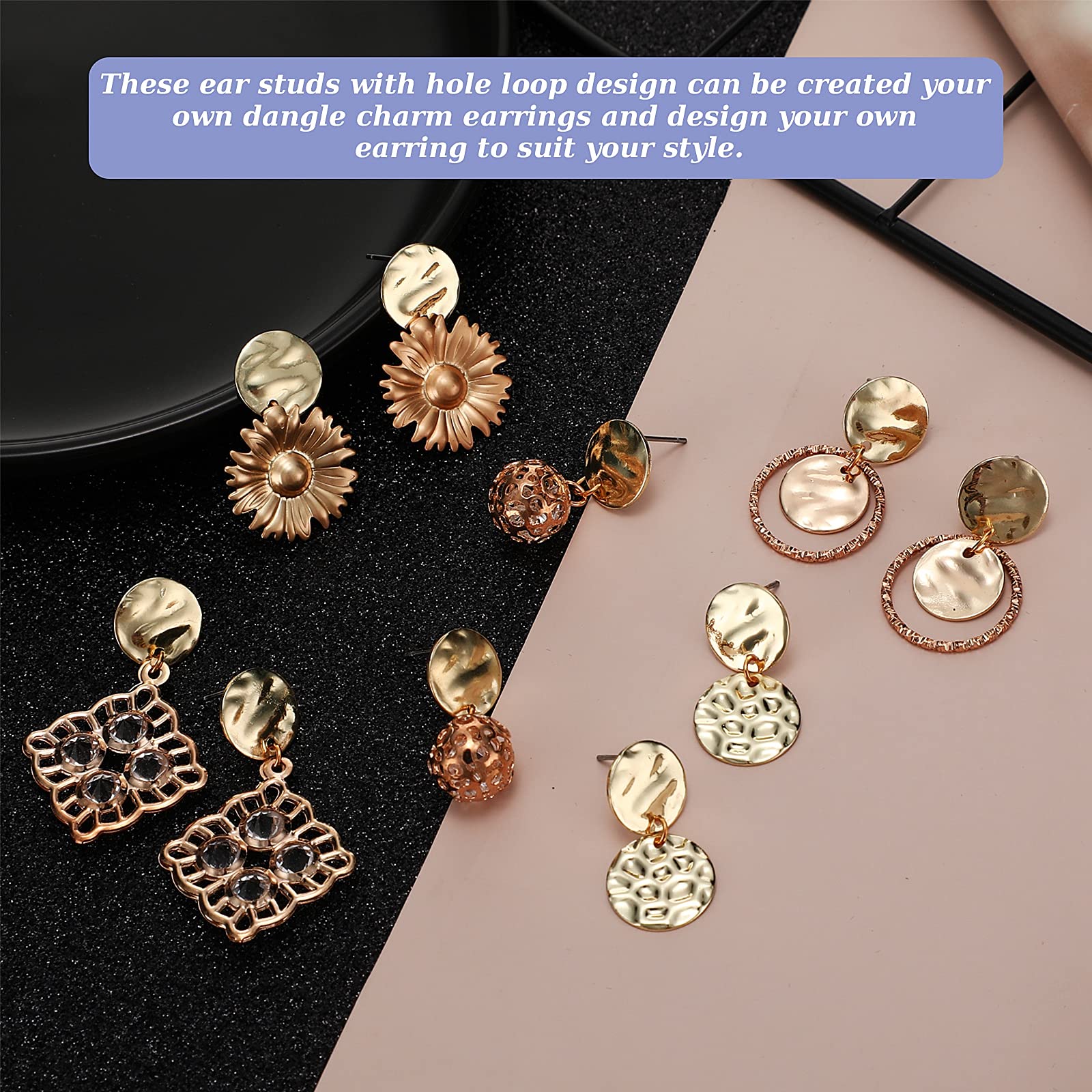 50 Pieces Flat Round Ear Studs Earring Posts with Loop Hole Coin Jewelry 13.0 mm Gold Plated Disc Charms Earring for DIY Earrings Craft Making Supplies for Women Girls (KC Gold)