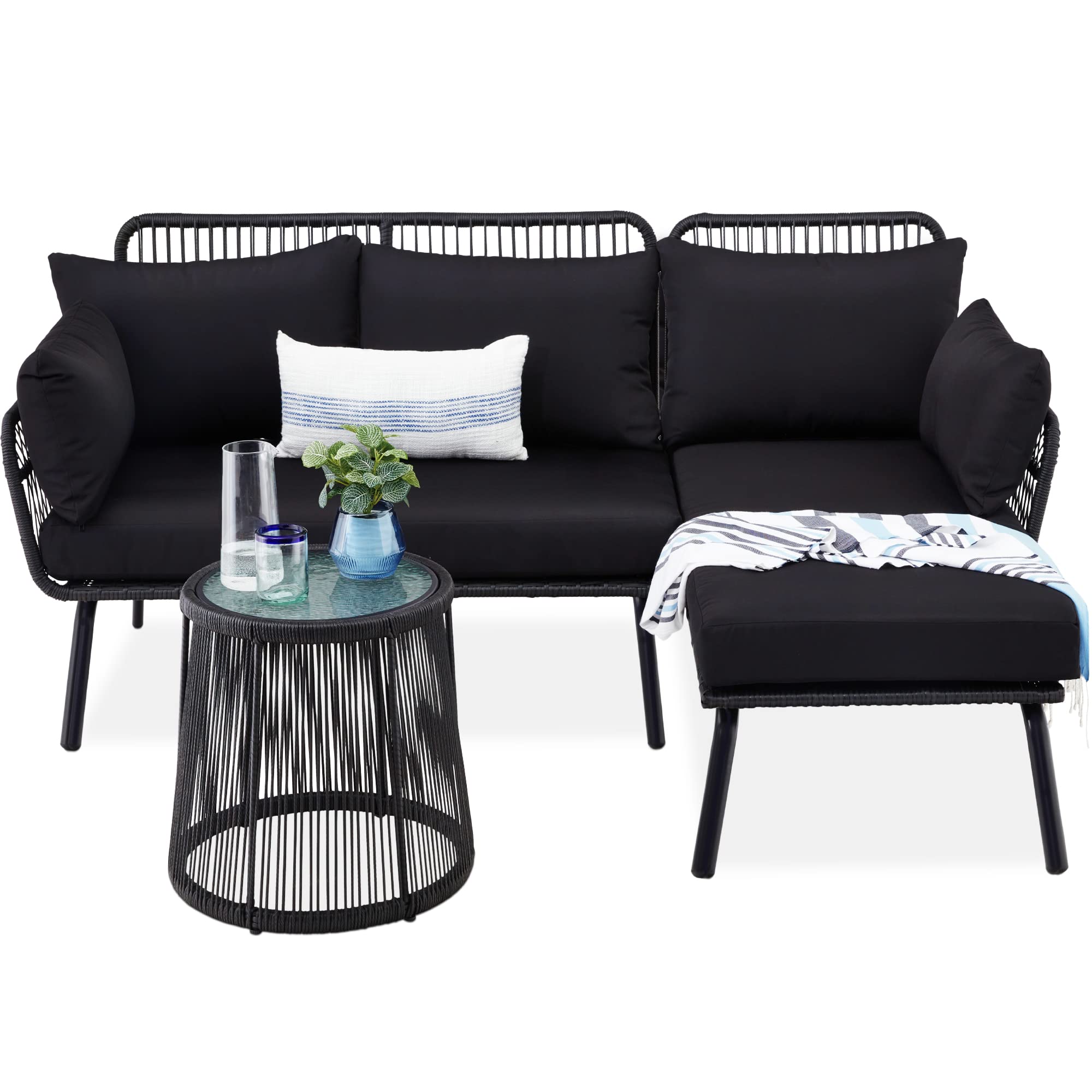 Best Choice Products Outdoor Rope Woven Sectional Patio Furniture L-Shaped Conversation Sofa Set for Backyard, Porch w/Thick Cushions, Detachable Lounger, Side Table - Black