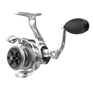 zebco quantum throttle spinning fishing reel, size 10 reel, stainless steel bail wire, dura-lok anti-reverse clutch, oversized non-slip handle knob, 10 + 1 ball bearings, 5.2:1 gear ratio, silver