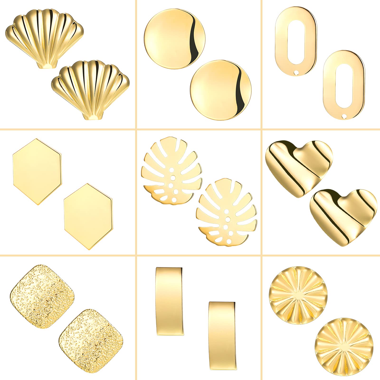 Hicarer 36 Pcs/ 18 Pairs Gold Plated Earring Studs for Jewelry Making Earring Posts with Loop Hole Ear Studs Kit Palm Leaf Shaped Flower Shell Ear Pad Base Posts Heart Hollow Rectangle Hexagon Shapes