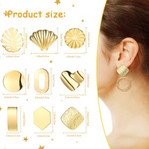 Hicarer 36 Pcs/ 18 Pairs Gold Plated Earring Studs for Jewelry Making Earring Posts with Loop Hole Ear Studs Kit Palm Leaf Shaped Flower Shell Ear Pad Base Posts Heart Hollow Rectangle Hexagon Shapes