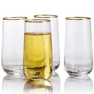 lysenn stemless champagne flutes set of 4 - premium hand blown champagne glasses for bubbly wine - elegant vertical stripe and gold rim mimosa glasses – clear 17oz