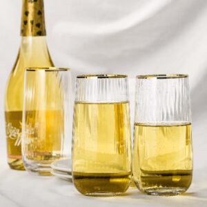 Lysenn Stemless Champagne Flutes Set of 4 - Premium Hand Blown Champagne Glasses for Bubbly Wine - Elegant Vertical Stripe and Gold Rim Mimosa Glasses – Clear 17oz