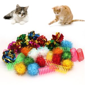 LASOCUHOO Cat Toys, 30PCS Interactive Cat Toy Pack Including Cat Crinkle Balls, Cat Sparkle Balls, Spiral Springs for Most Cats