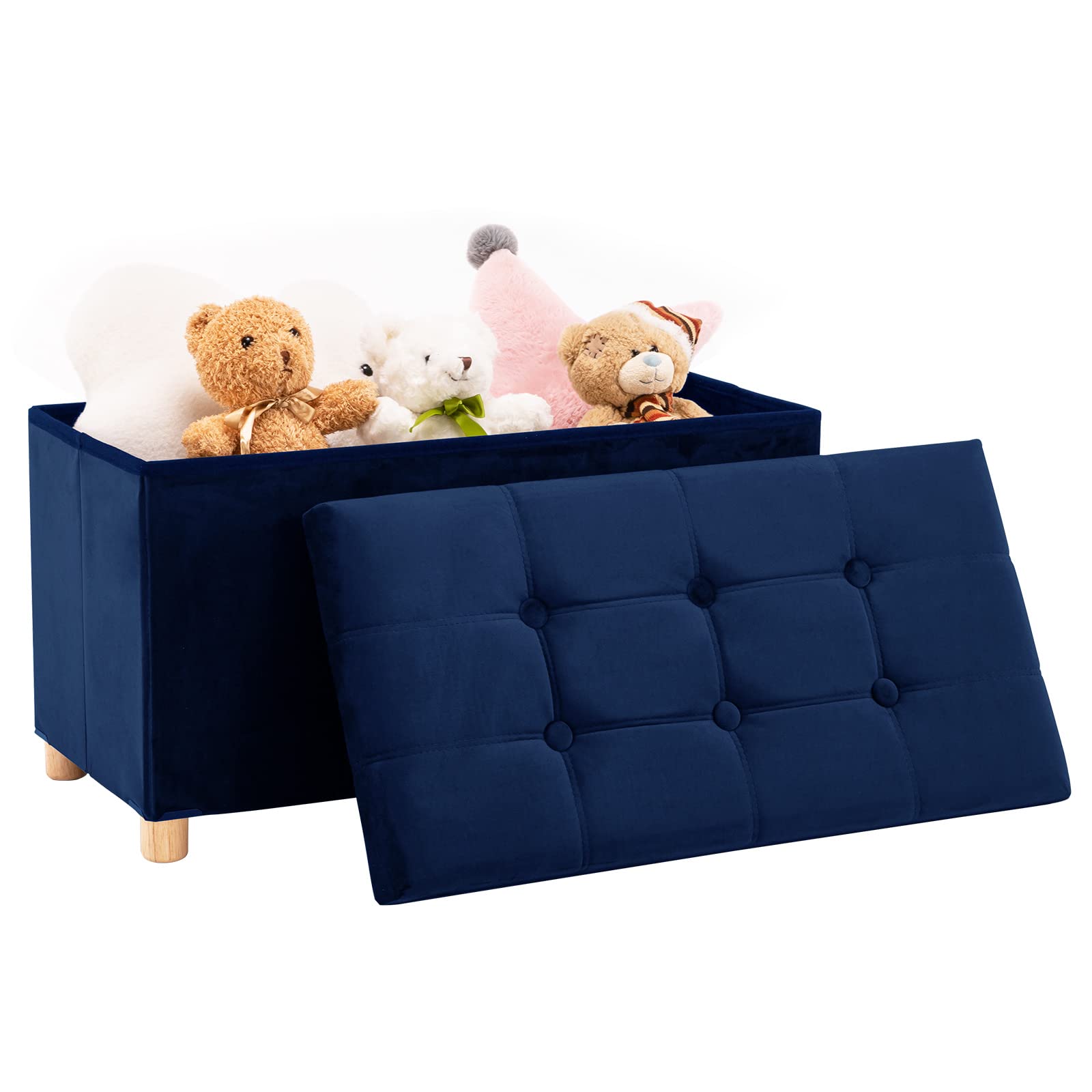 YOUDENOVA 30 Inches Storage Ottoman Bench, Velvet Storage Bench, Folding Storage Chest, Footrest Couch with Wooden Legs, Support 350lbs for Bedroom, Living Room, Bedroom, Hallway, Navy Blue