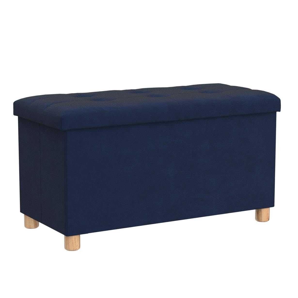 YOUDENOVA 30 Inches Storage Ottoman Bench, Velvet Storage Bench, Folding Storage Chest, Footrest Couch with Wooden Legs, Support 350lbs for Bedroom, Living Room, Bedroom, Hallway, Navy Blue