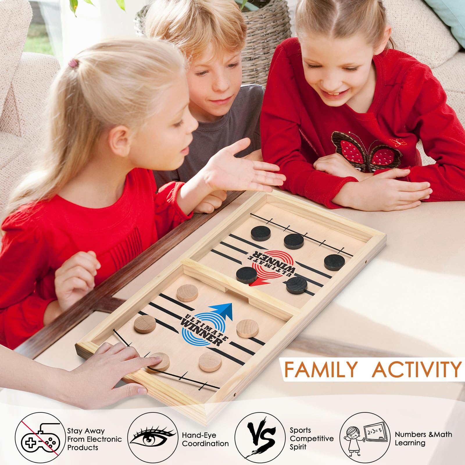 Fast Sling Puck Game Large Size, Board Game Rapid Sling Table Battle Wooden Hockey Game,Family Game for Adults Parent-Child Interactive,2 Players (22.2" x 11.8")