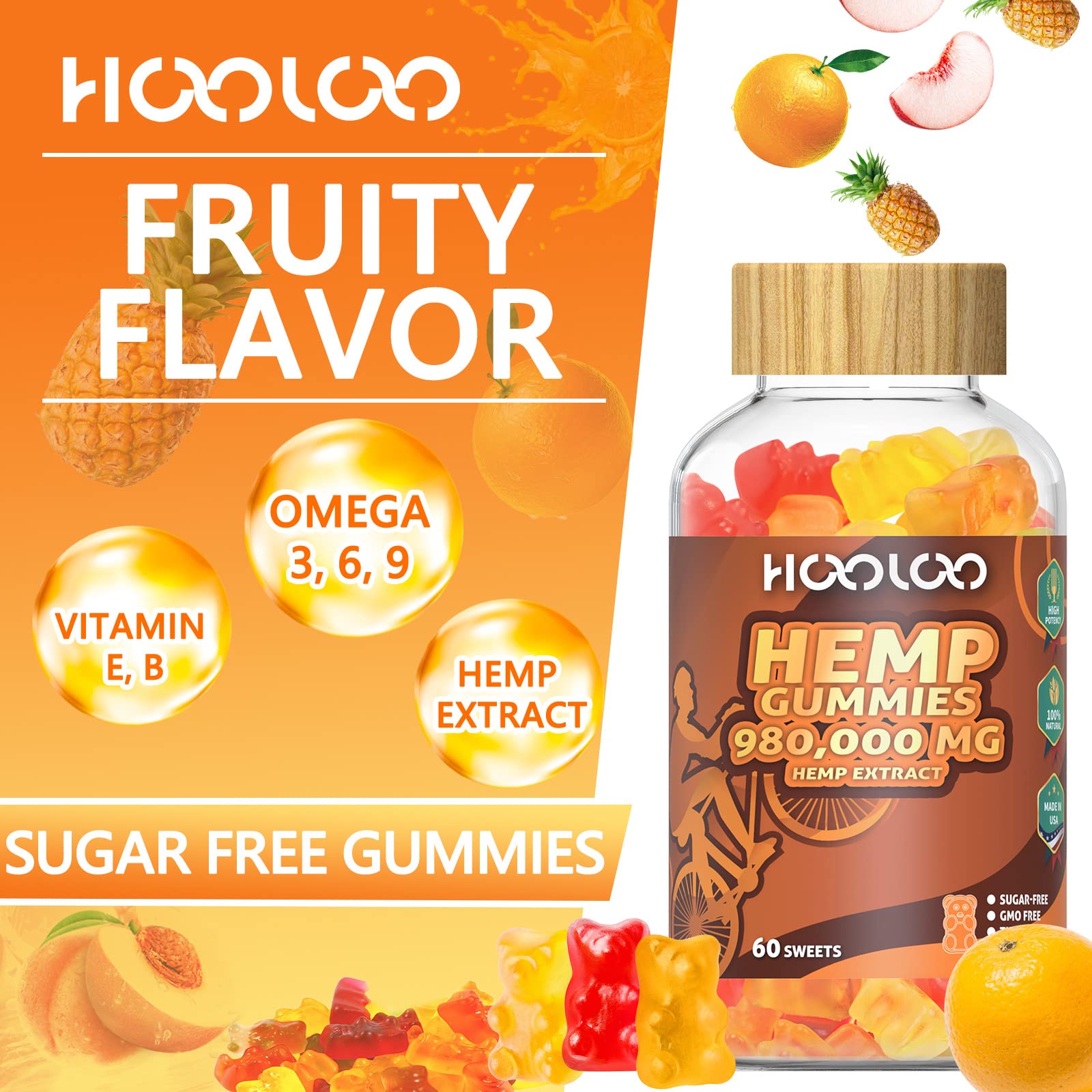 HOOLOO Hemp Gummies 980,000 Fruity, Sugar Free Hemp Gummy Bears for Adults, Made in USA