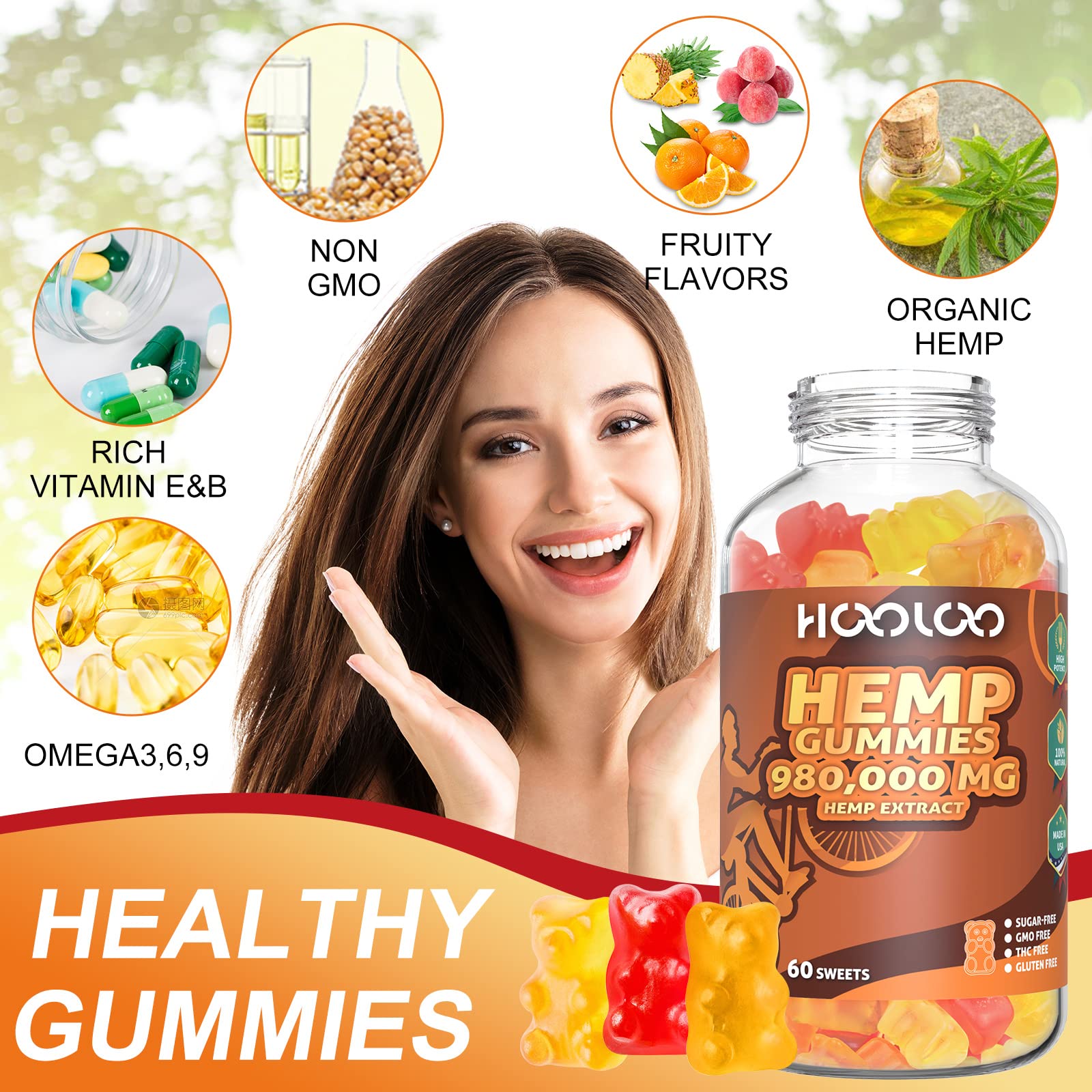 HOOLOO Hemp Gummies 980,000 Fruity, Sugar Free Hemp Gummy Bears for Adults, Made in USA