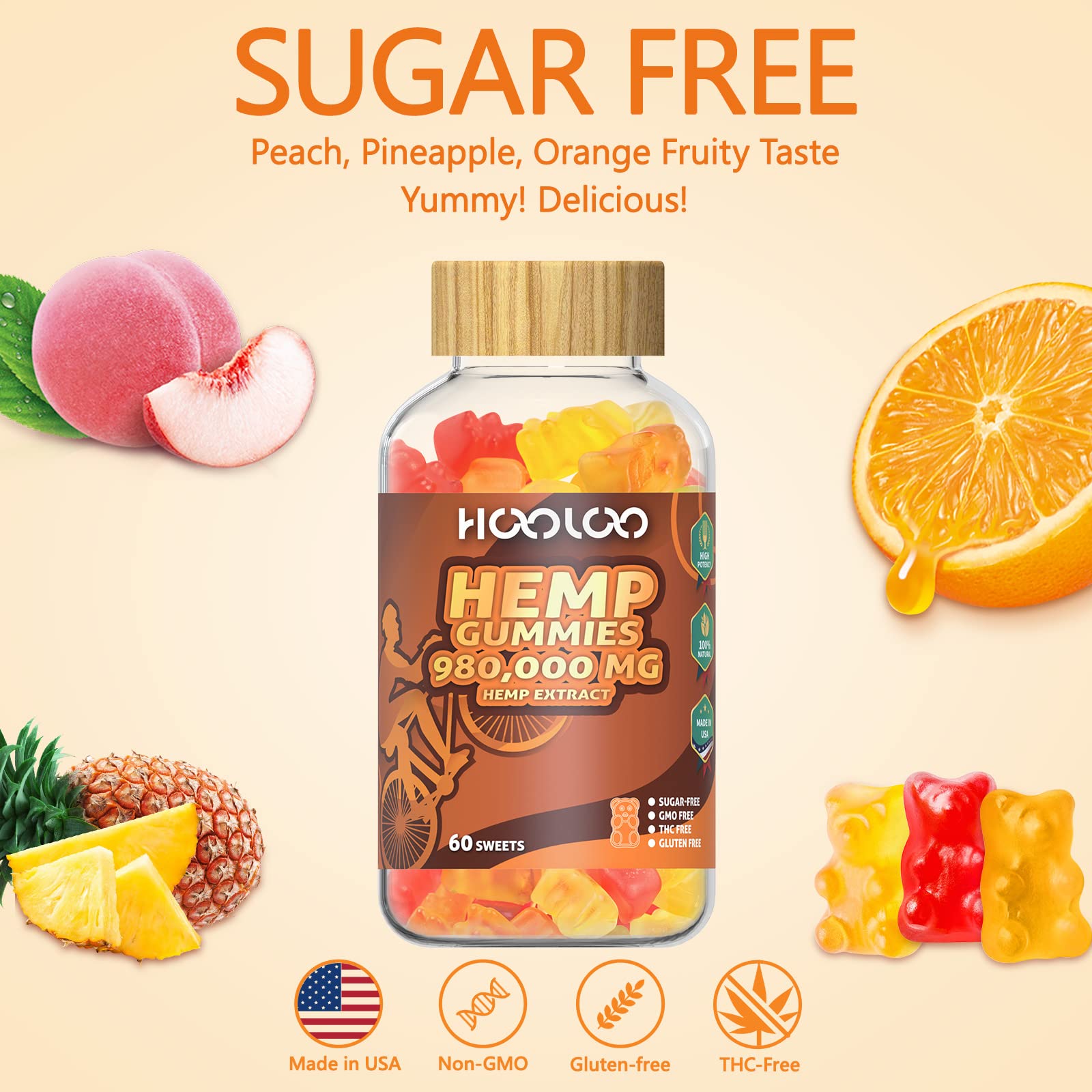 HOOLOO Hemp Gummies 980,000 Fruity, Sugar Free Hemp Gummy Bears for Adults, Made in USA